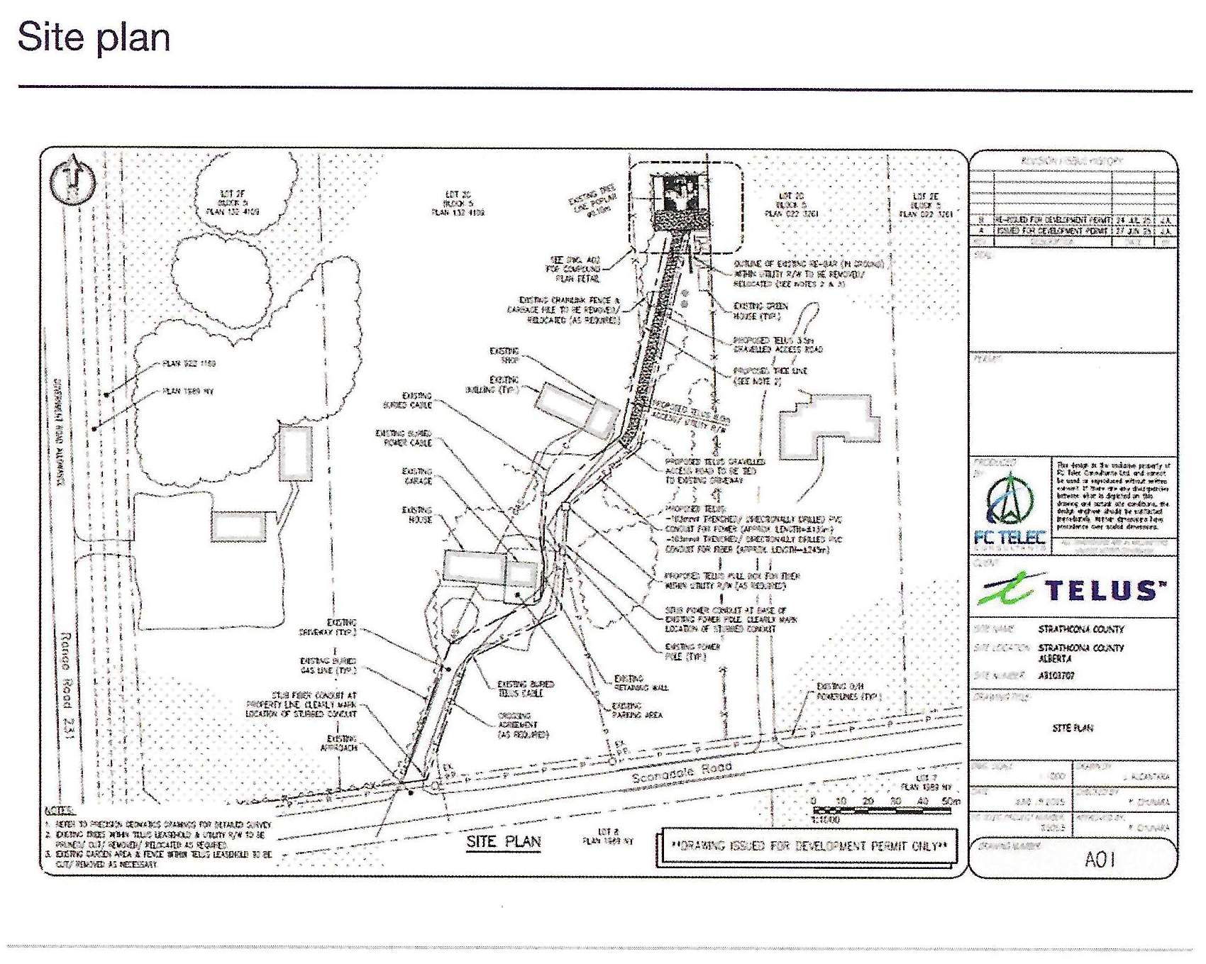 Site plan showing tower location, access roads, and compound layout